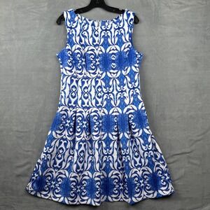 Gabby Skye Blue White Patterned Sleeveless Pleated Fit Flare Dress Women Size 12